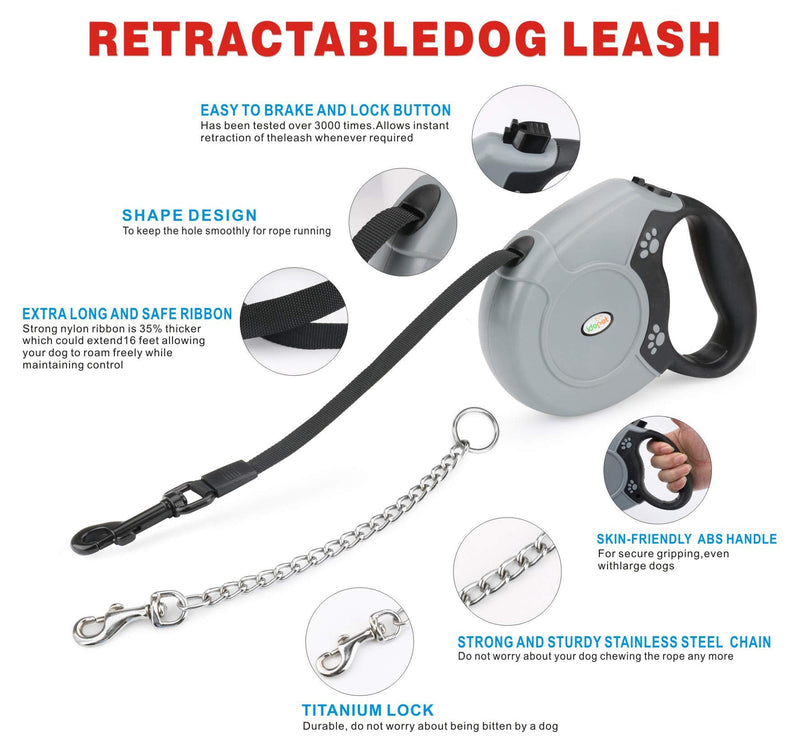 Idepet Heavy Duty Retractable Dog Leash for Small and Medium Dogs, Anti-Chewing Steel Chain 360 Degree Tangle-Free,Break and Lock System,16ft Leash for Dog Walking Grey Flat Rope - BeesActive Australia