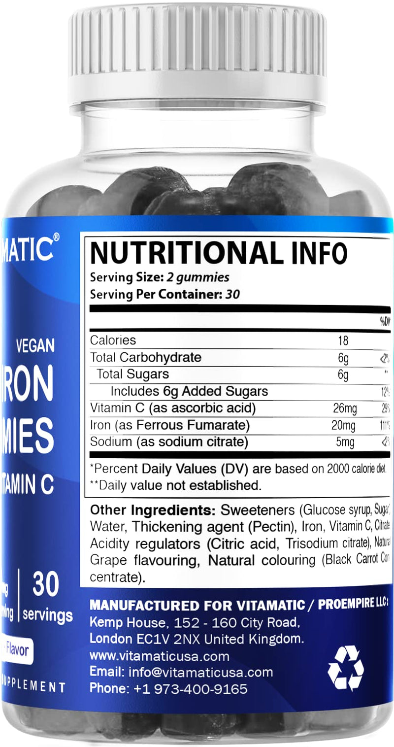 Vitamatic Iron Gummies Supplement for Women & Men - 20mg Serving - 60 Vegan Gummies - Great Tasting Iron Gummy Vitamins with Vitamin C - BeesActive Australia