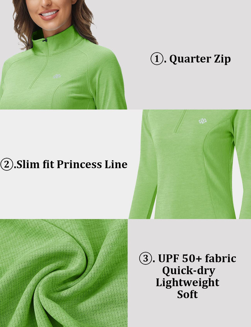 MoFiz Women's UPF 50+ Sun Protection Long Sleeve Slim fit Golf Tennis Running Shirt Quarter Zip Grass Green Small - BeesActive Australia