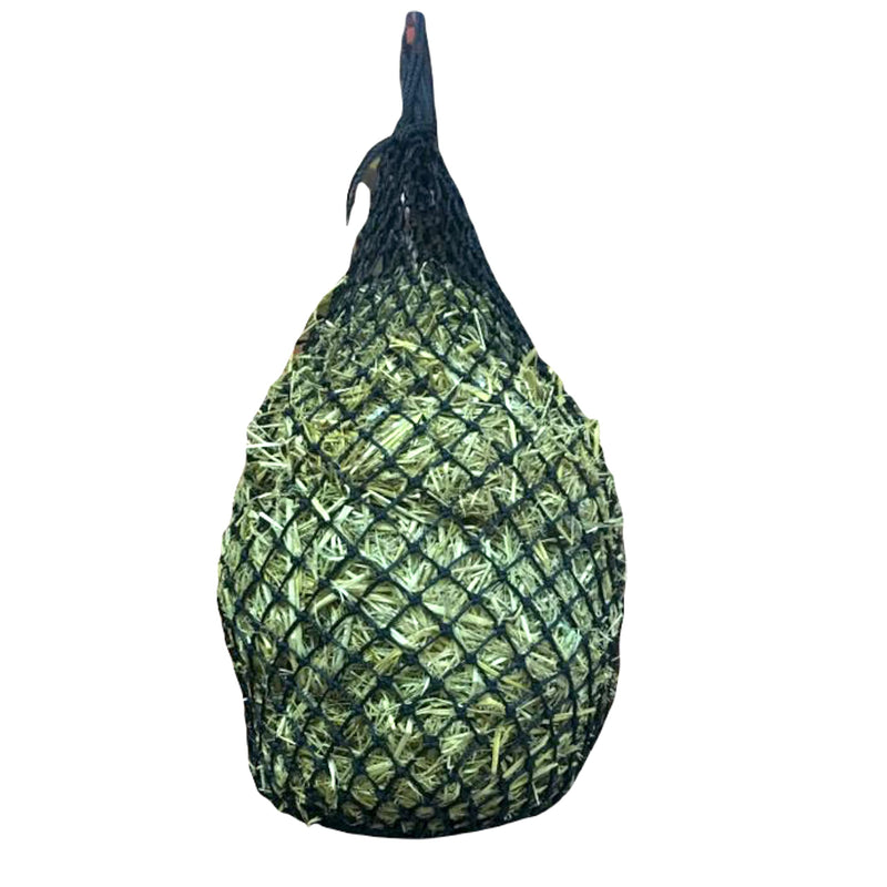 Majestic Ally 1.25”x1.25” Holes Ultra Slow Feed 40” Very Sturdy Hay Net with Bottom Ring for Horses, Nylon Rope Hanging, Adjustable Travel Feeder for Trailer and Stall, Reduces Waste Black - BeesActive Australia