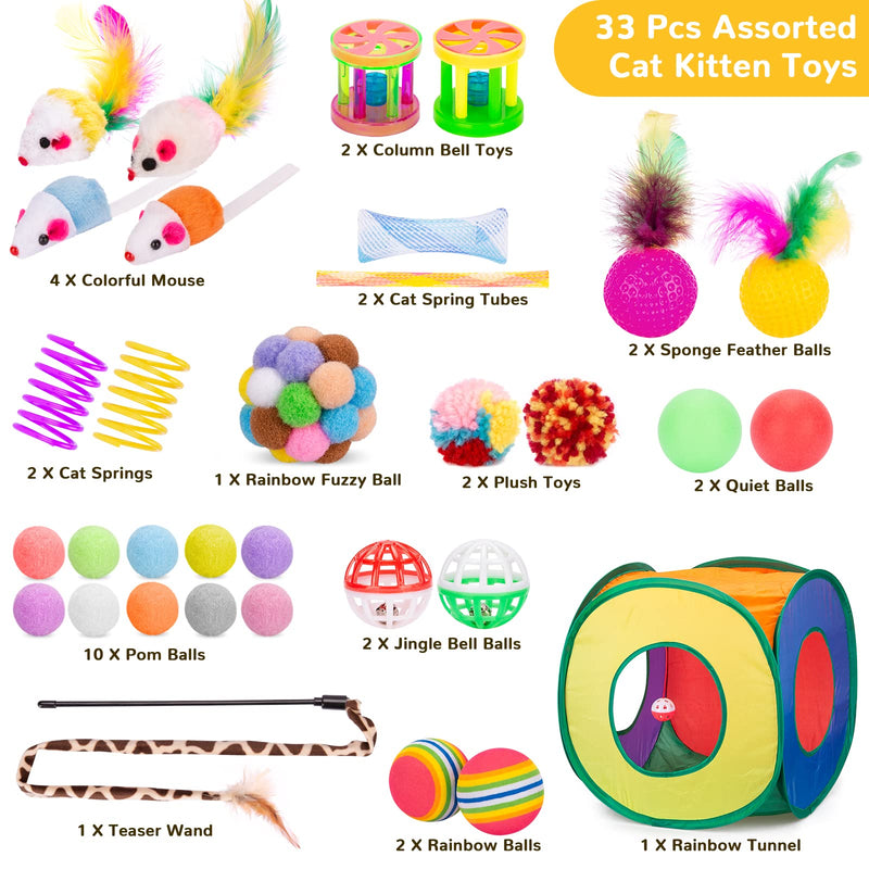 Cat Toys 33 PCS, Interactive Cat Kitten Toys for Indoor Cats Kitty with Collapsible Cat Play Tunnel Tube Tent Cat Feather Wand Teaser Cat Bell Fuzzy Ball Springs Mouse Toys For cats less than 12lbs - BeesActive Australia