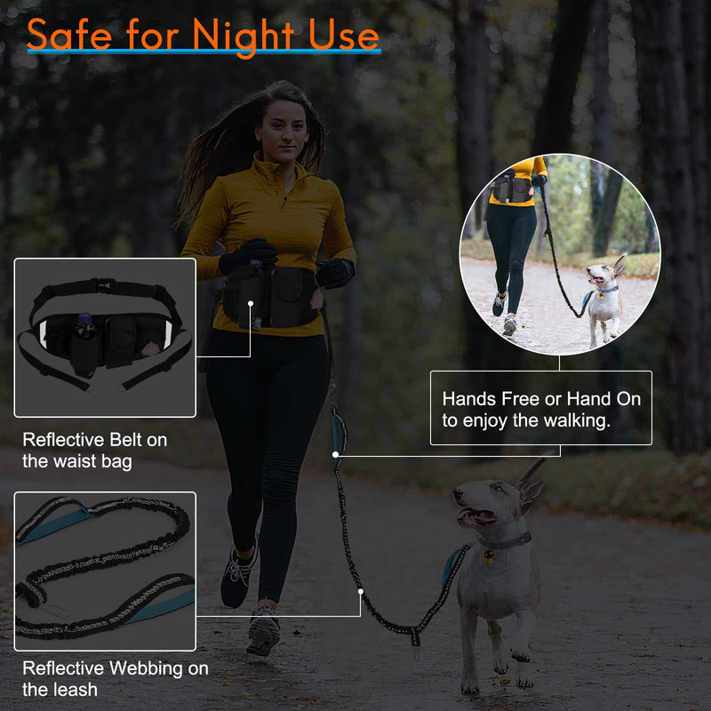 Hands Free Dog Leash with Waist Bag for Walking Small Medium Large Dogs, Reflective Bungee Leash with Car Seatbelt Buckle and Dual Padded Handles, Adjustable Waist Belt Black 2 dogs - BeesActive Australia
