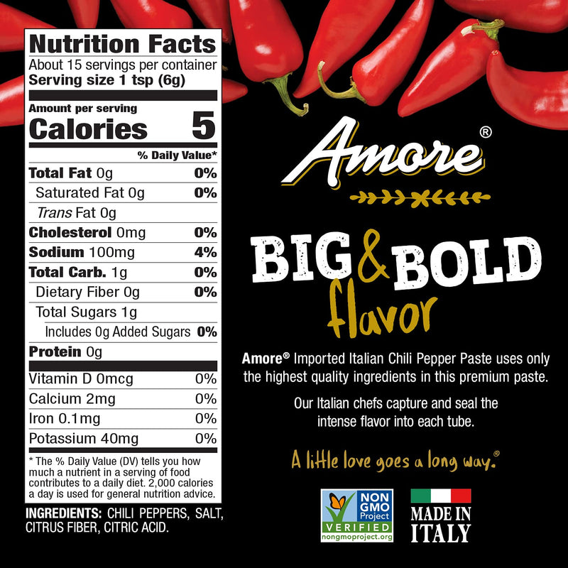 Amore Vegan Chili Pepper Paste In A Tube - Non GMO Certified and Made In Italy (Pack of 1) 3.2 Ounce (Pack of 1) - BeesActive Australia