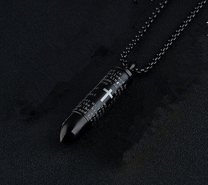 Lord's Prayer Cross Bullet Pendant Stainless Steel Lords Bible Cross Prayer Cremation Ashes Urn Necklace, Free Chain Black - BeesActive Australia