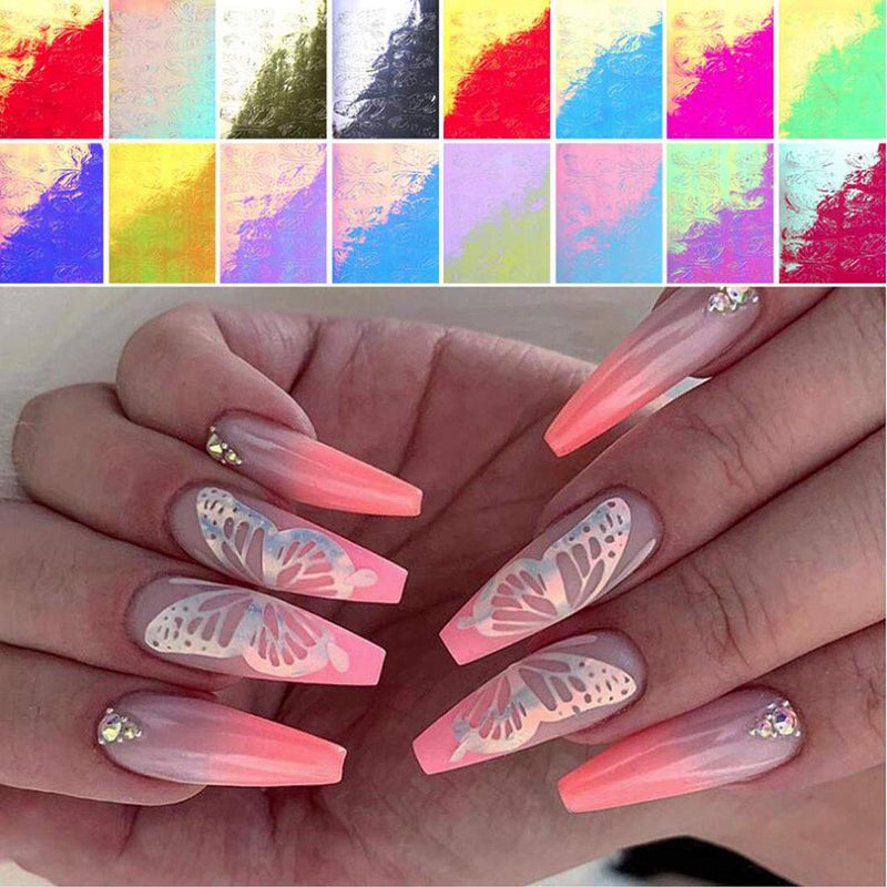 Butterfly Reflections Nail Art Sticker 16pcs Holographic Nails Decals Stencil,1 Box Iridescent Nail Sequins Glitter Flakes with Tweezers Picker Tools for Women Girls Finger Nail Decoration Butterfly+Glitter - BeesActive Australia