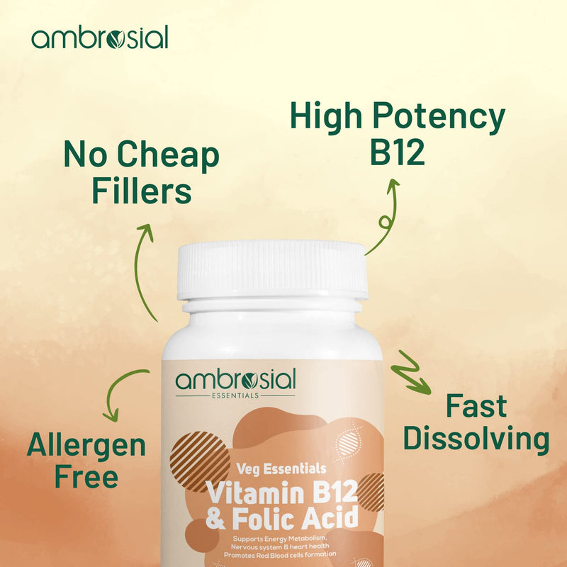 Ambrosial Vitamin B12 1000 mcg + 500 mcg Folic Acid | 1500 mcg | Folic Acid | Reduction of Tiredness & Fatigue | B12 Supplement | Immune System, Energy & Brain Support (Pack of 1-60 Capsules) 60 Count (Pack of 1) - BeesActive Australia