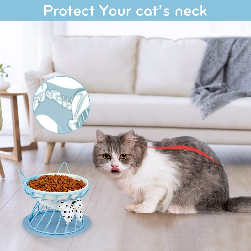 Dorakitten Elevated Cat Ceramic Bowls: Raised Cat Food Bowl, Cute Cat Feeder Bowl Stand, Food & Water Anti Vomiting Shallow Ceramic Cat Dish, with Non-Slip Mat Pet Bowl for All Cat Blue - BeesActive Australia