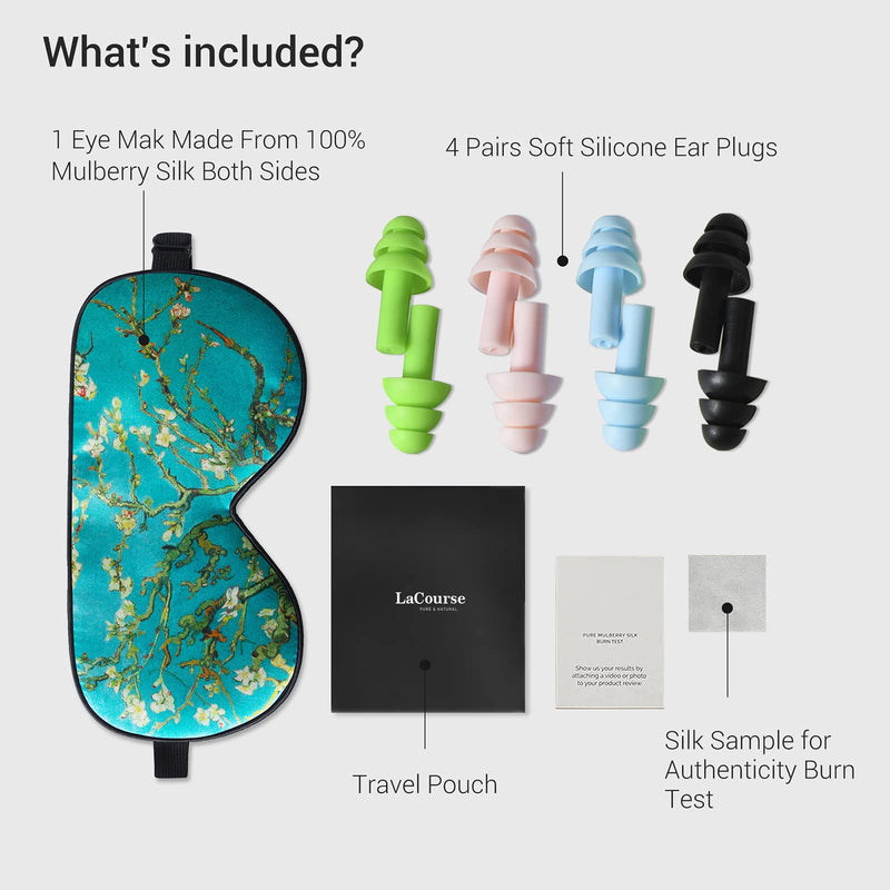 LaCourse 100% Natural Mulberry Silk Eye Mask for Sleeping with 4Pair EarPlugs & Travel Pouch, Both Sides 19 Momme Organic Silk, Adjustable Silk Sleep Eye Mask for Women, Green-Floral Green Floral With 4pair Earplugs - BeesActive Australia