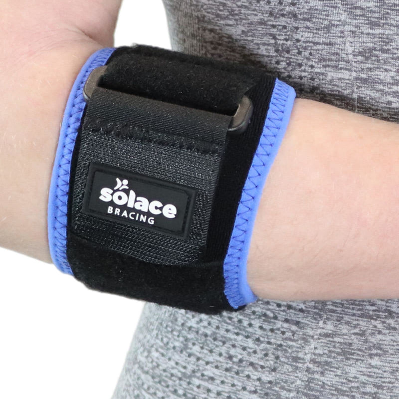 Solace Bracing Antibacterial Tennis Elbow Support (3 Colours) - British Made & NHS Supplied Tennis Elbow Brace w/Compression Strap - #1 for Tennis & Golfer's Elbow Tendonitis - Black/Blue Trim - S Small Black / Blue Trim - BeesActive Australia