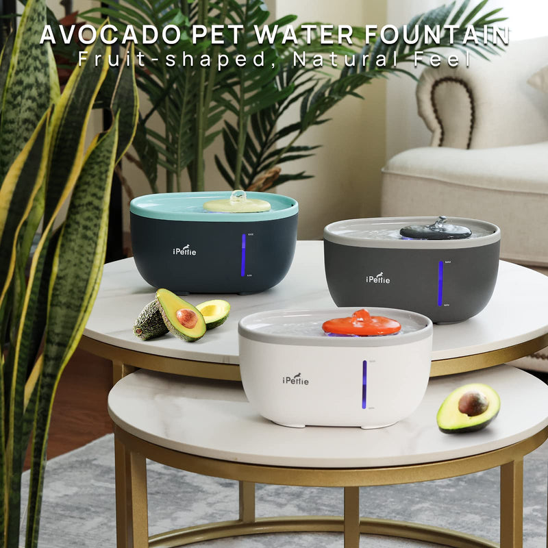 iPettie Avocado Pet Water Fountain with LED Light, 67oz/2.0L, Ultra Quiet Cat Water Fountain with Filter, Automatic Pet Water Fountain for Cats and Small Dogs, Grey Grey (with Adapter) - BeesActive Australia
