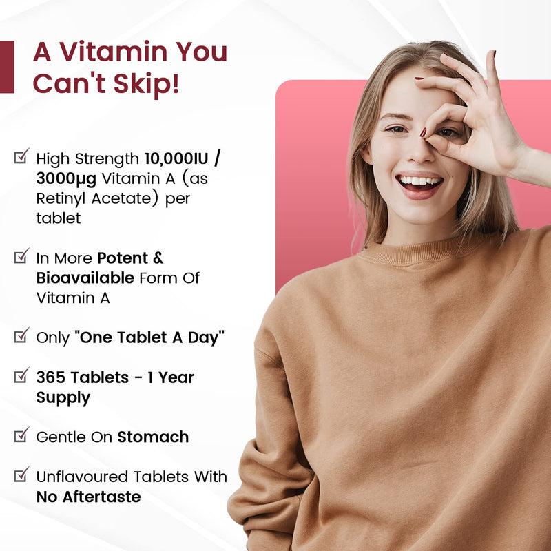 Vitamin A Supplements 10,000IU - 1 Year Supply (365 Vegan Tablets Not Vitamin A Capsules) - 3000?g VIT A Retinol Supplement in Bioavailable Retinyl Acetate Form for Eye & Skin - Made in The UK - BeesActive Australia