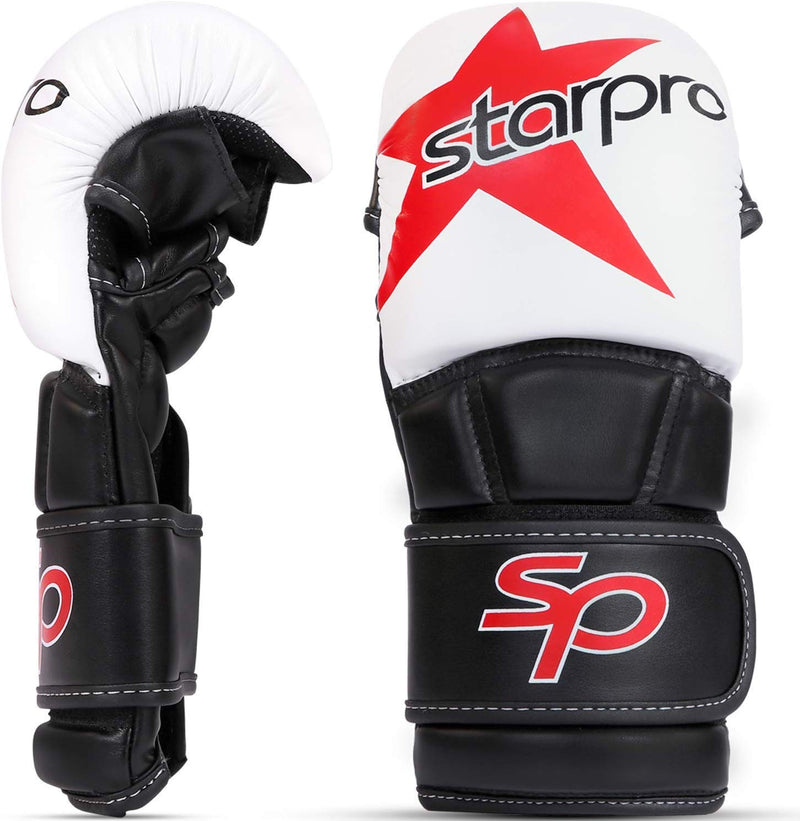 [AUSTRALIA] - Starpro MMA Grappling Gloves Training - Muay Thai Kickboxing Martial Art Karate Combat Cage Fight Sparring Punch Bag Boxing Mitts | Men and Women | Synthetic Leather Black White White / Black Medium 