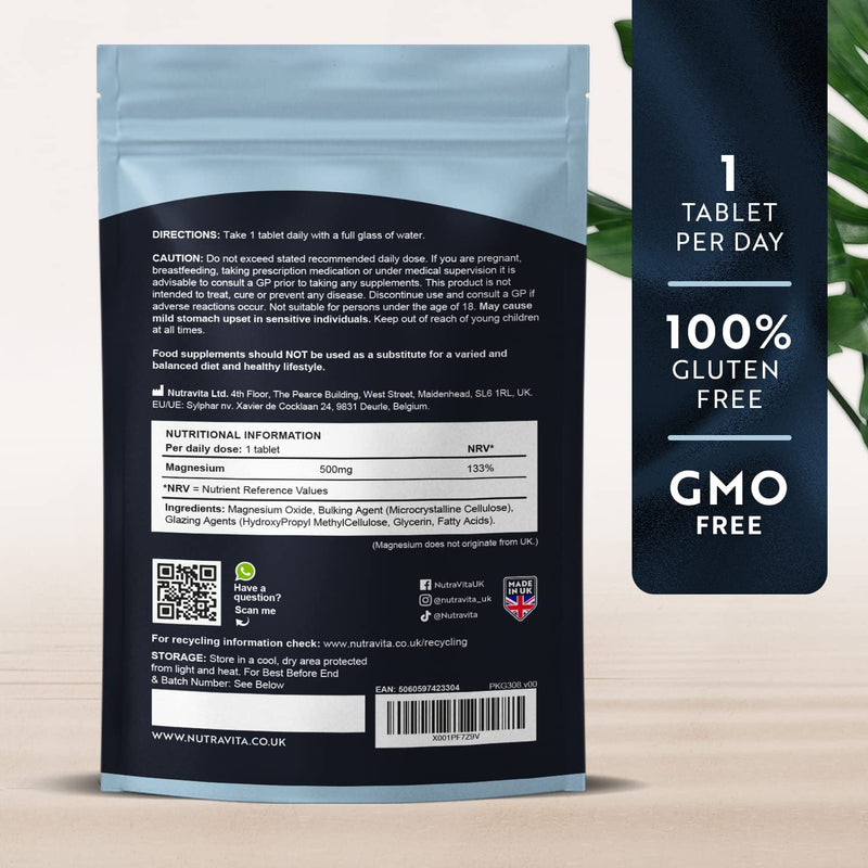 Magnesium Supplements 500mg - 120 Vegan High Strength Magnesium Tablets � 4 Month Supply � Supports Muscle Function, Tiredness, Energy, Bones, Nervous System - Letterbox Friendly - UK Made - Nutravita - BeesActive Australia