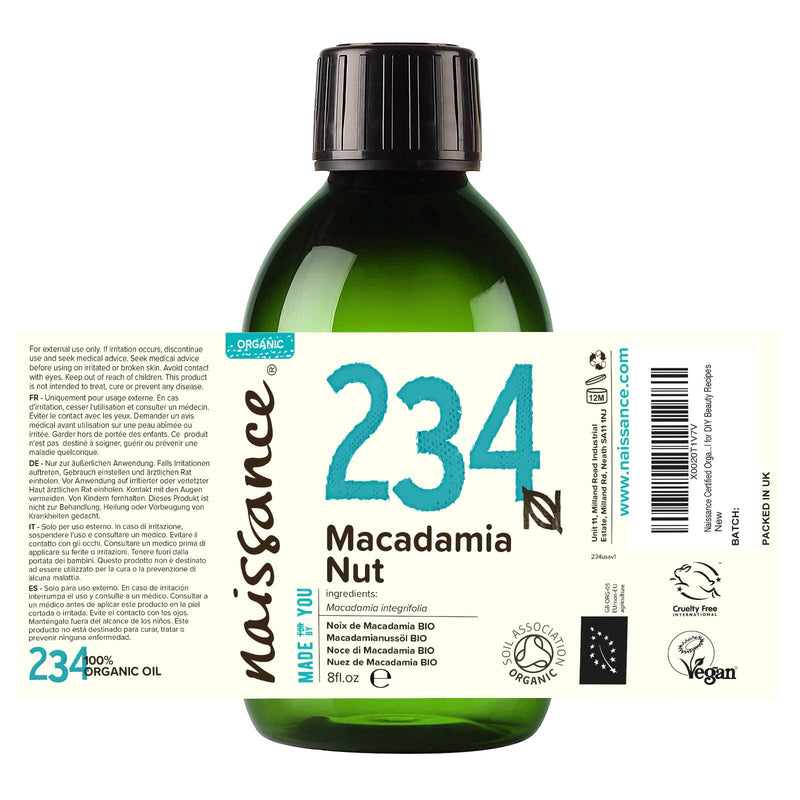 Naissance Certified Organic Macadamia Nut Oil 8 fl oz - Pure Natural, Cold Pressed, Vegan, Non GMO, Hexane Free, Cruelty Free, Moisturizing Nourishing Oil for Hair and Skin and DIY Beauty Recipes - BeesActive Australia