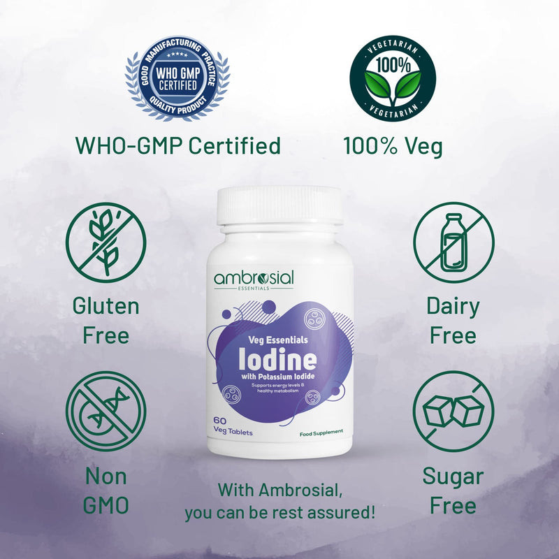 Ambrosial Iodine Supplement 5000mcg with 7500 mcg Potassium Iodide| High Strength Iodine Tablets | Natural Source of Iodine from Potassium Supplements & Iodide Tablets (Pack of 1-60 Tablets) 60 count (Pack of 1) - BeesActive Australia
