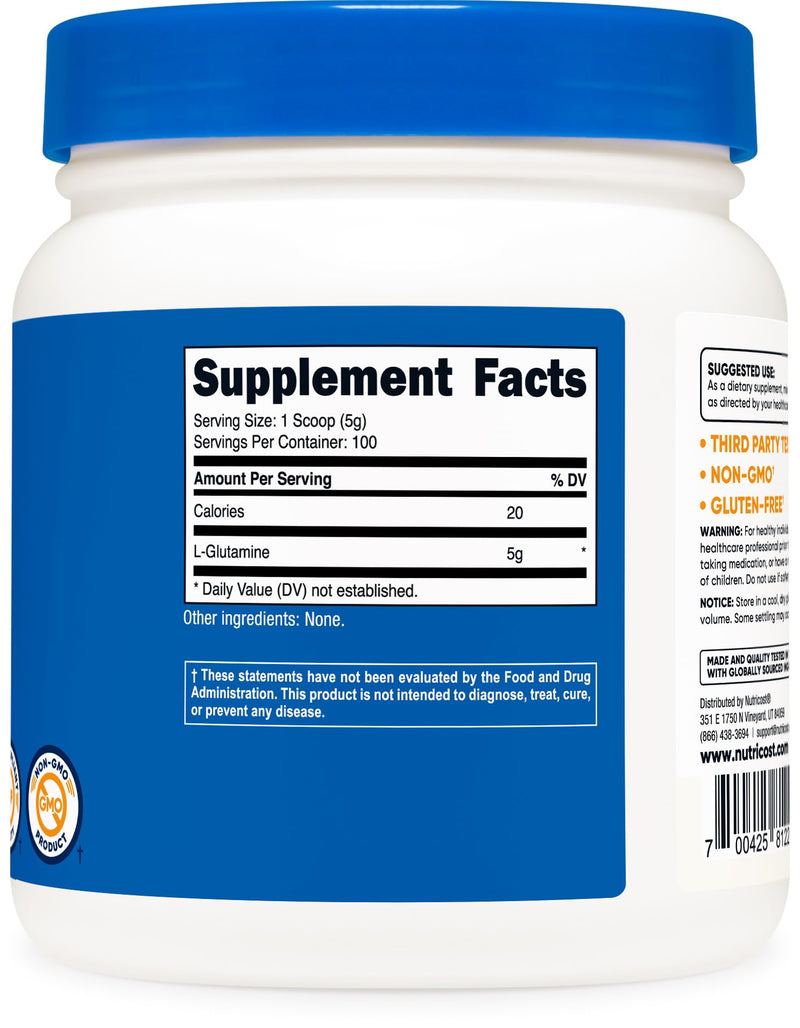 Nutricost L-Glutamine Powder (500 Grams) Unflavored - Gluten Free & Non-GMO, 100 Servings 1.1 Pound (Pack of 1) - BeesActive Australia