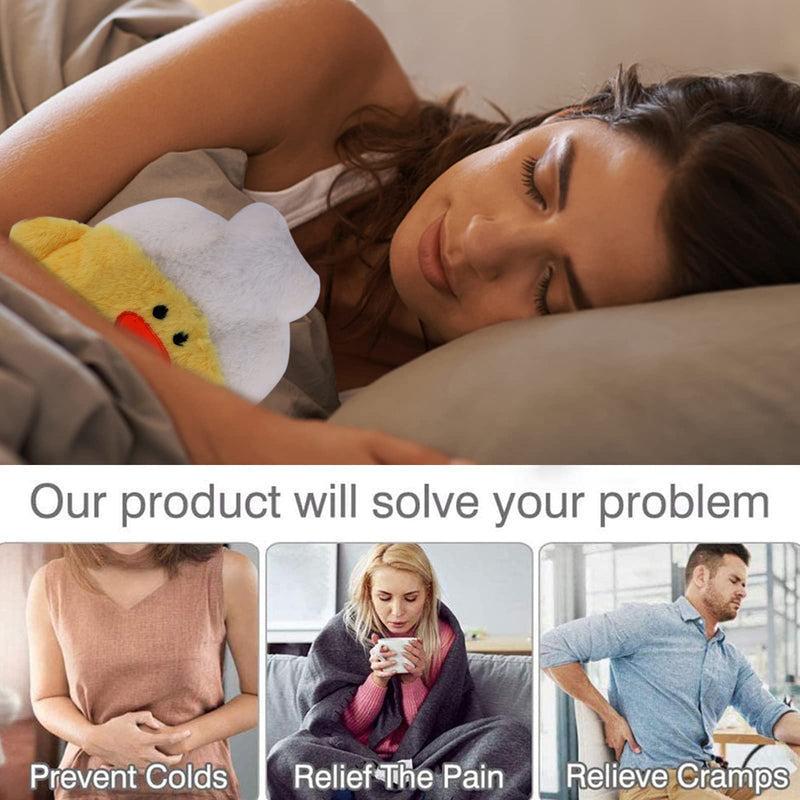 Hot Water Bottle 400ml Water Bag with Cute Fleece Cover for Cosy Nights Back Neck Waist Legs Bed Warm (Duck) Duck - BeesActive Australia