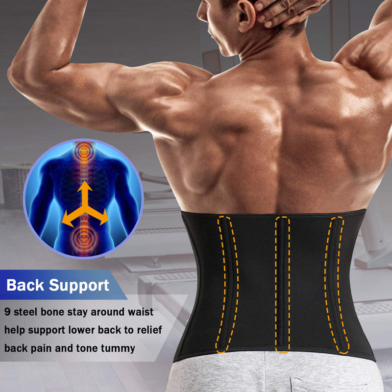 TAILONG Men Waist Trainer Belt Workout for Body Weight Loss Fitness Fat Burner Trimmer Band Back Support Black Small - BeesActive Australia