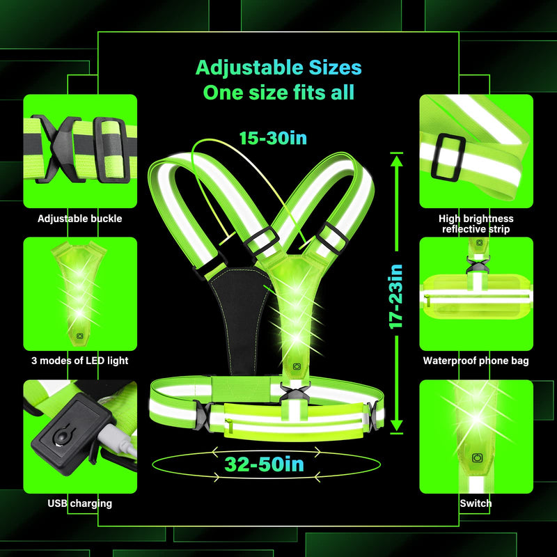 Upgraded LED Reflective Vest Running Gear, USB Rechargeable Reflective Light Up Running Vest with Waterproof Phone Bag,High Visibility Night Running Gear with Adjustable Waist&Shoulder for Men Women - BeesActive Australia