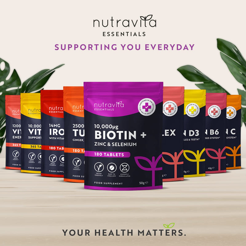 Biotin Hair Growth Supplement 10,000mcg - 180 Vegan High Strength Biotin Tablets Enhanced with Zinc & Selenium - Hair and Nails Vitamins for Women & Men - Supports Hair, Skin & Nail Growth - Nutravita - BeesActive Australia