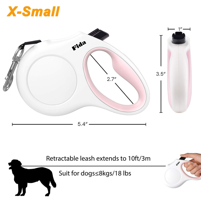 Fida Retractable Dog Leash with Dispenser and Poop Bags for X-Small/Small/Medium/Large Breed, 16 ft Heavy Duty Pet Walking Leash, Anti-Slip Soft Handle, Reflective Strong Nylon Tape, One-Handed Brake X-Small, 10ft White - BeesActive Australia