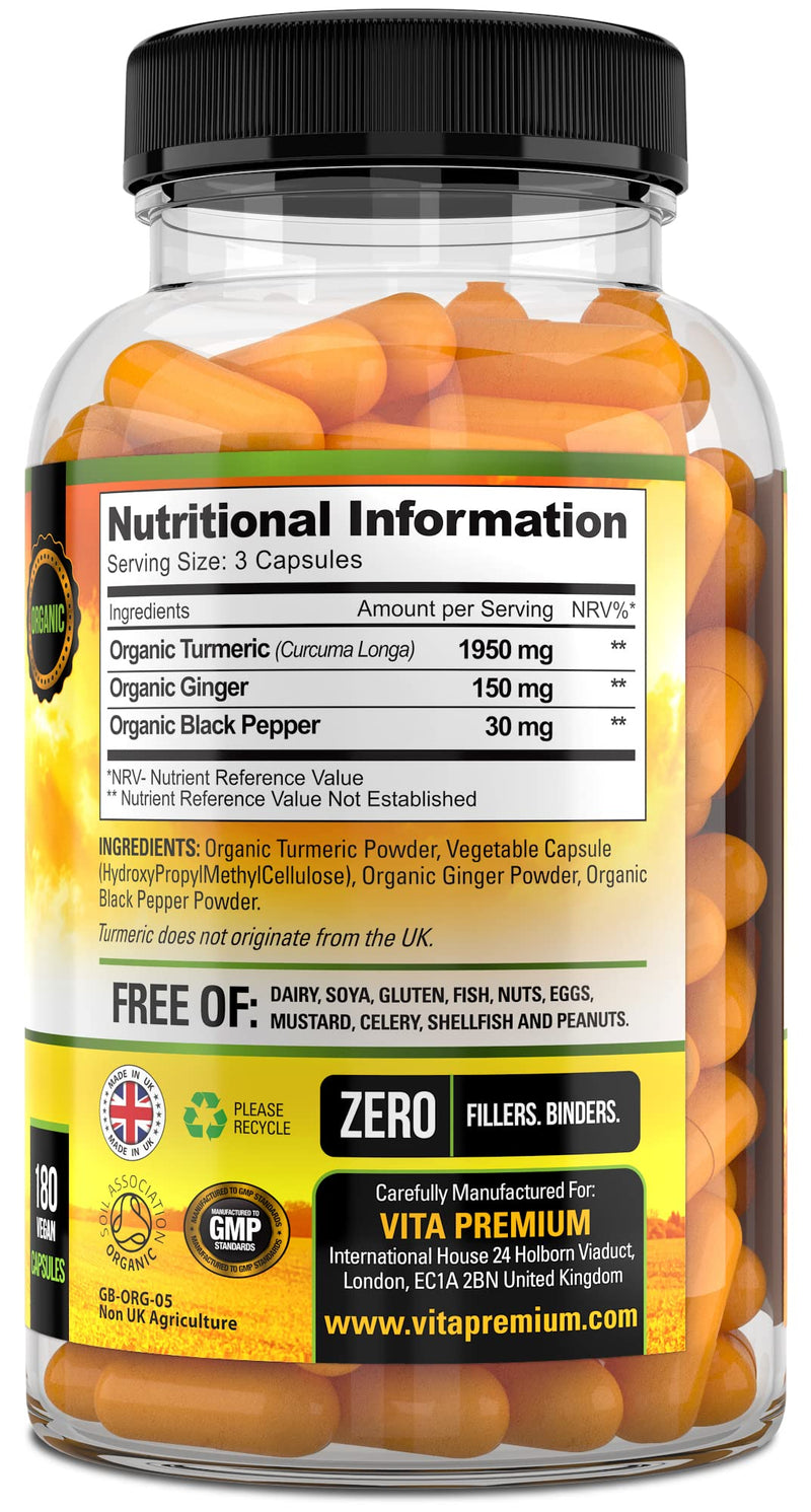 Organic Turmeric Curcumin 2130mg with Organic Ginger and Organic Black Pepper - 180 Vegan Capsules (6 Month Supply) - High Strength Tumeric Supplement - BeesActive Australia