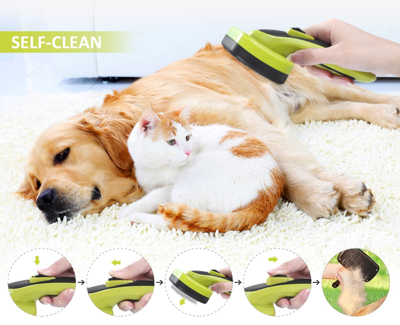 Pecute Dog Brush Cat Brush - Self Cleaning Slicker Brush, Effectively Reduces Shedding by Up to 95% - Professional Pet Grooming Brush Shedding Grooming Tools for Dogs and Cats with Middle to Long Hair Size M-Green with Massage Particles - BeesActive Australia