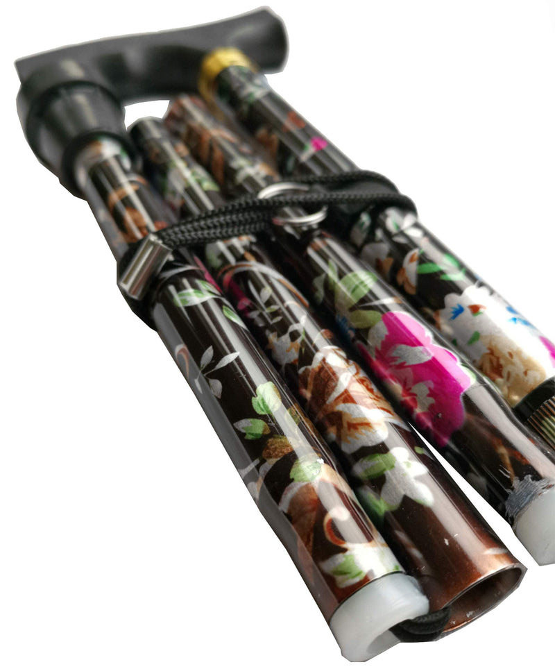 Deluxe Folding Compact 4-part Ladies Walking Stick, Stunning Floral Print with a Unique Ergonomic Easy-Grip Moulded Handle and Adjustable Height Walking Cane for Women - 32.5” – 37” Black/Brown Floral - BeesActive Australia
