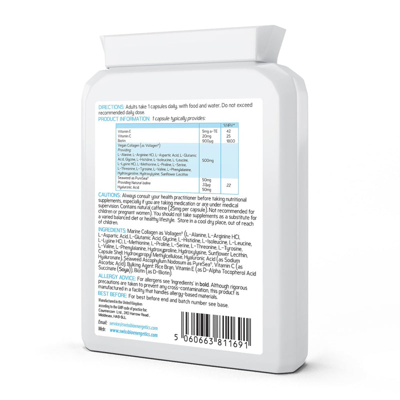 Vegan Collagen & Hyaluronic Acid Complex - 60 Capsules - Effective Skin, Hair & Nails Formula with 500mg of Vollagen in the exact Amino ratios of Human Collagen - added D-Biotin, Seaweed, Vitamins E&C - BeesActive Australia