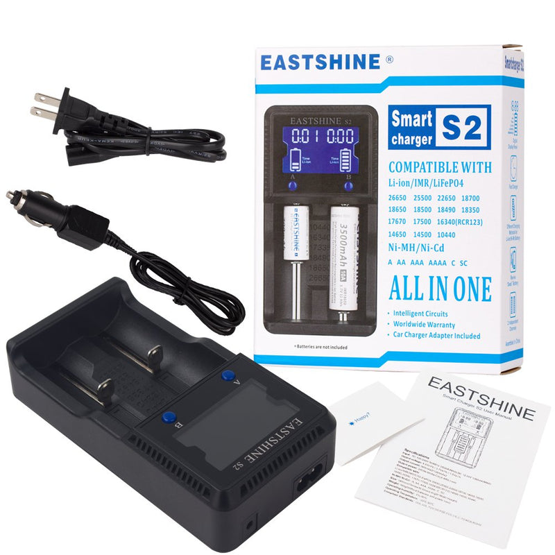 [AUSTRALIA] - Universal Battery Charger EASTSHINE S2 LCD Display Speedy Smart Charger for Rechargeable Batteries Ni-MH Ni-Cd AA AAA Li-ion LiFePO4 IMR 10440 14500 16340 18650 RCR123 26650 18500 17670 & Car Adapter 