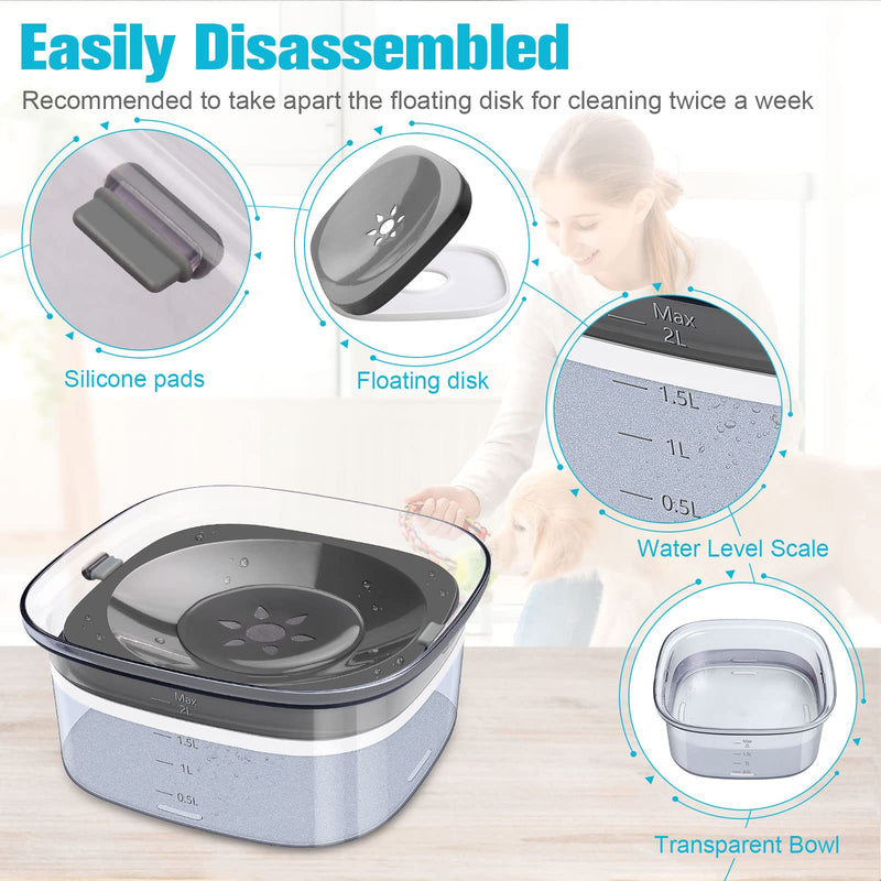 UPSKY 70oz Dog Water Bowl 2L No Spill Dog Bowl Large Capacity Slow Water Feeder, Spill Proof Dog Bowl Transparent Pet Water Dispenser Vehicle Carried Travel Slow Drinking Water Bowl for Dogs, Cats 1.grey - BeesActive Australia