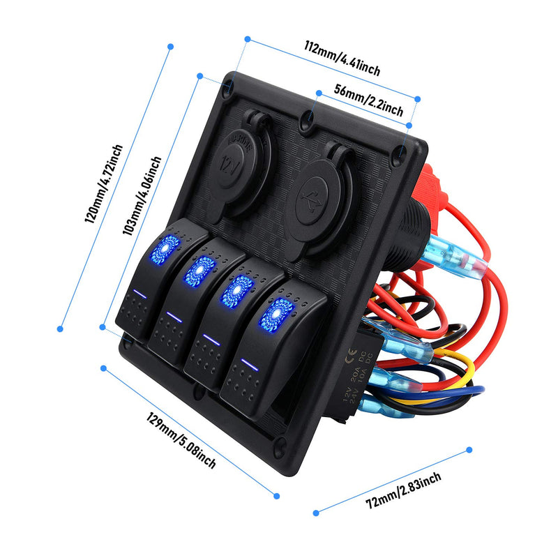 [AUSTRALIA] - Kohree 4 Gang Marine Boat Rocker Switch Panel, 12V Waterproof LED Lighted Toggle Switches Fuse Breaker Protected Control with 12 Volt Marine USB Power Outlet for Car Boat RV Scooter Truck Vehicles 