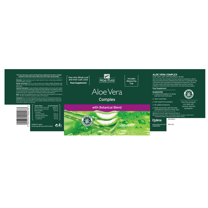 Aloe Vera Complex Juice , Natural , Vegan , Cruelty Free , Food Supplement, 500ml, Aloe Pura - BeesActive Australia