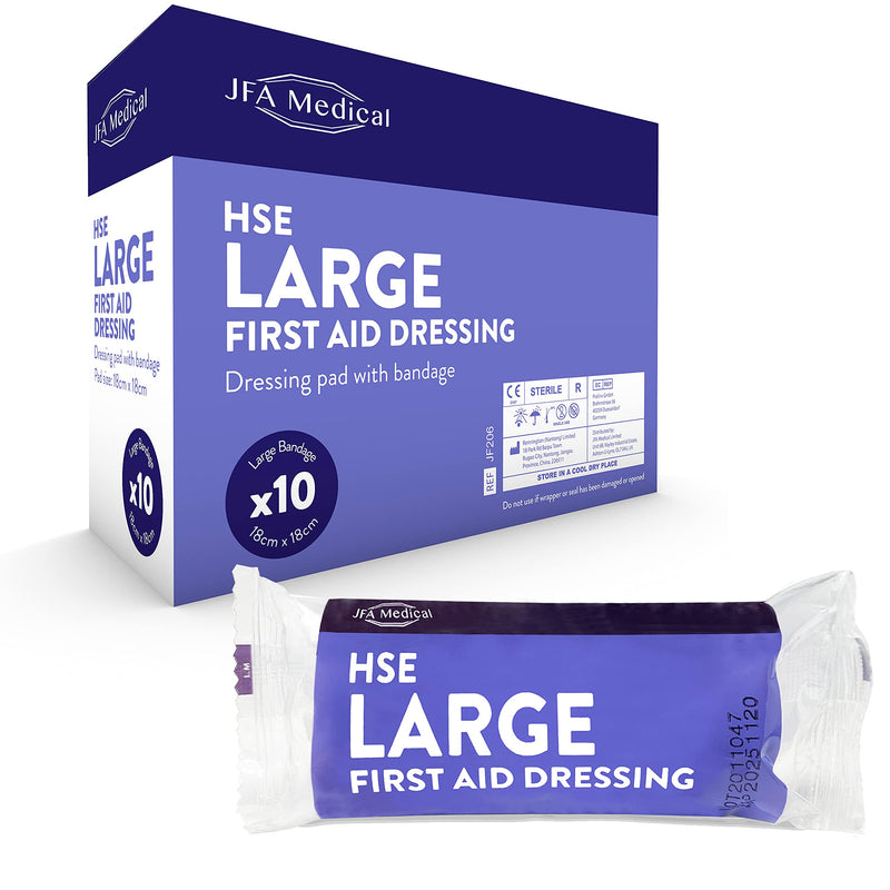 JFA Medical HSE Large Sterile First Aid Dressing Bandage with Pad 18 x 18cm - Pack of 10 Bandages - BeesActive Australia
