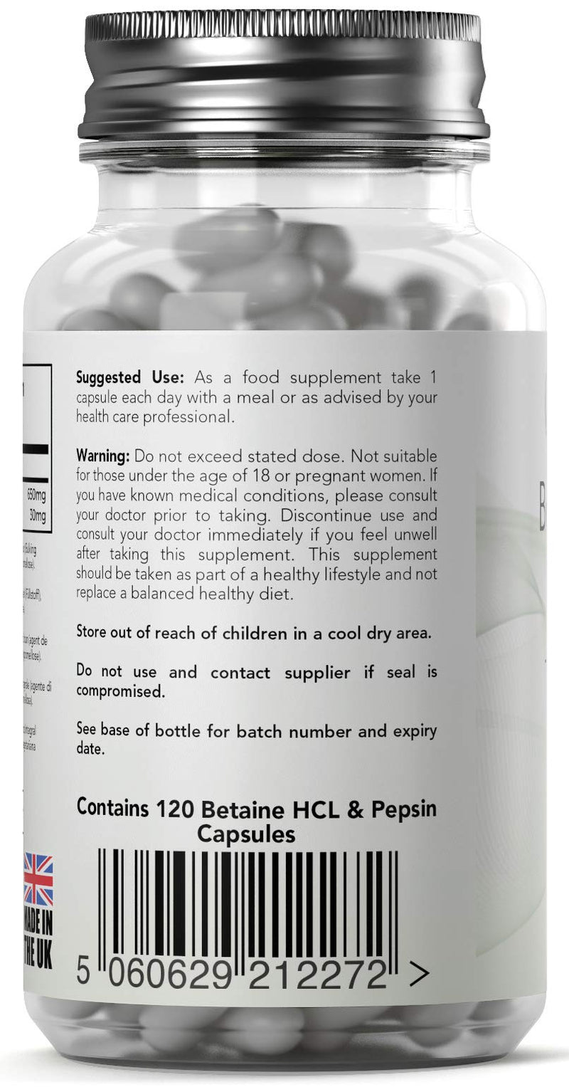 Herb-Ology Betaine HCL & Pepsin Capsules | 120 Betaine Hydrochloride Supplements, 650mg per Capsule | Clean Fillers & Manufactured in The UK - BeesActive Australia