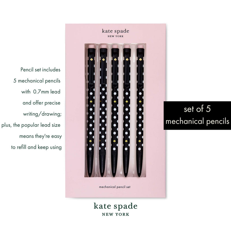 Kate Spade New York Black Plastic Mechanical Pencil Set of 5, Pencils Hold 7mm Lead, Polka Dots Black with White Polka Dots - BeesActive Australia