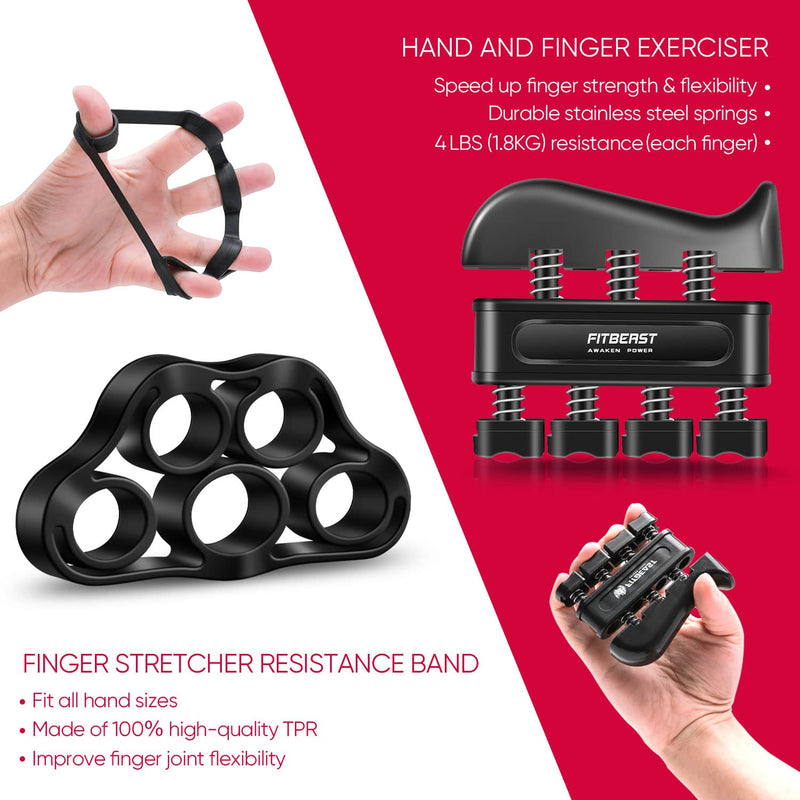 FitBeast Hand Grip Strengthener Workout Kit (5 Pack) Forearm Grip Adjustable Resistance Hand Gripper, Finger Exerciser, Finger Stretcher, Grip Ring & Stress Relief Grip Ball for Athletes Black - BeesActive Australia