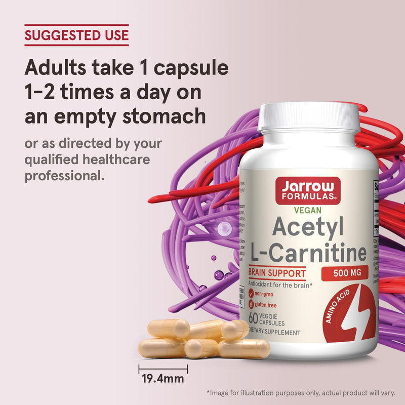 Jarrow Formulas Acetyl L-Carnitine Capsules - 500 mg - 60 Count - for Brain Health & Fatty Acid Metabolism - Vegetable Capsules - Non-GMO - Gluten Free 60 Servings (Pack of 1) - BeesActive Australia