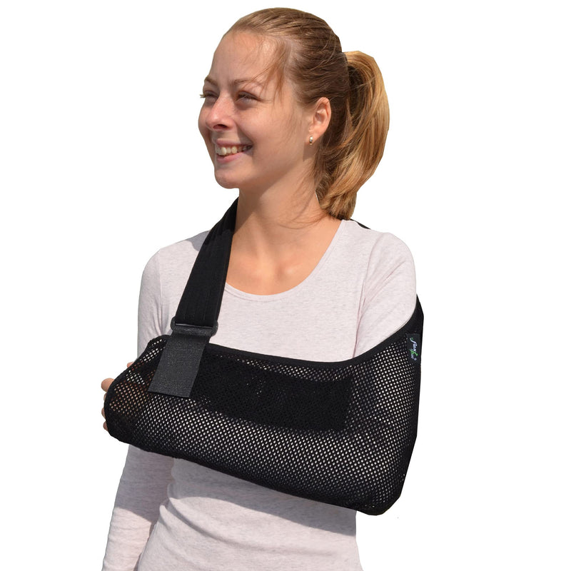 Adult ONE Size Arm Sling Shoulder Support (Black/Black) Medically Approved, Cool, Easy Fit, Thumb Loop, Unisex. Black/Black Trim - BeesActive Australia