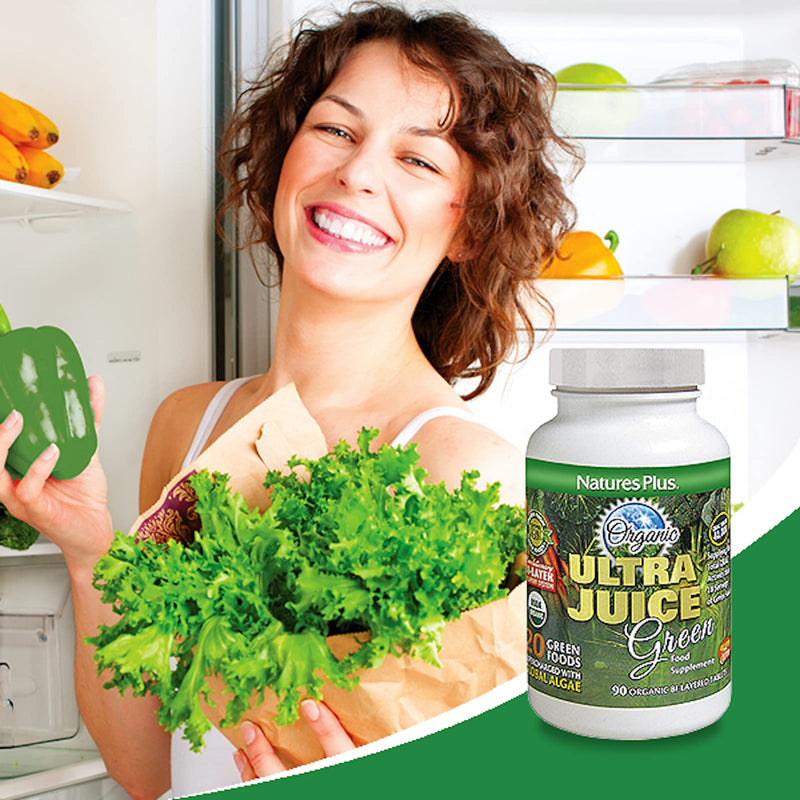 NaturesPlus Organic Ultra Juice Green - Organic Superfoods - Vitamin C, B12, Spirulina, Chlorella, Kelp, Trace Minerals - Gluten Free - 90 Tablets - BeesActive Australia
