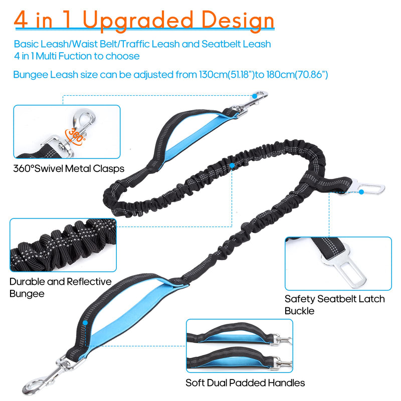 Hands Free Dog Leash with Waist Bag for Walking Small Medium Large Dogs, Reflective Bungee Leash with Car Seatbelt Buckle and Dual Padded Handles, Adjustable Waist Belt Black 2 dogs - BeesActive Australia