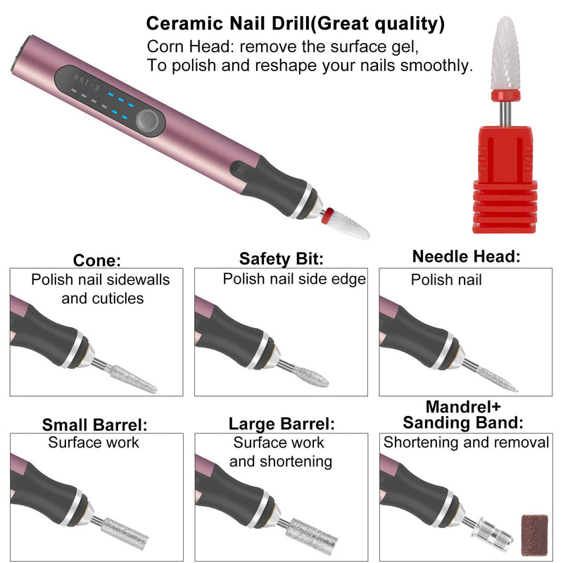 CGBE Electric Nail Drill Kit,Rechargeable Cordless Professional Nail File Machine,Portable Pedicure Polishing Shape Tools with Ceramic Nail Drill Bits Set for Acrylic Nails,Gel Nails and Home Salon Rose - BeesActive Australia