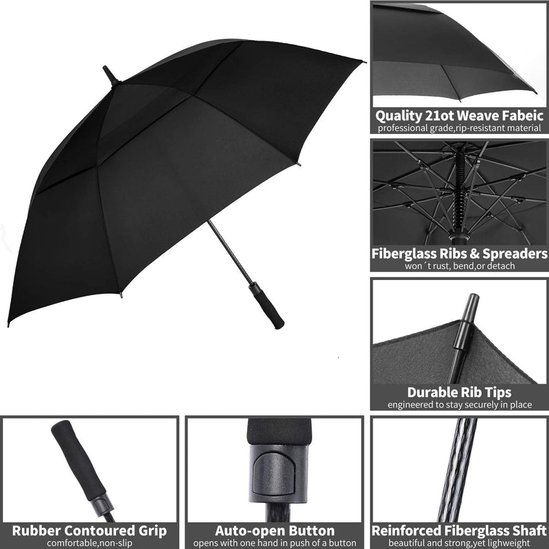 MRTLLOA 54/62/68/72 Inch Automatic Open Golf Umbrella, Extra Large Oversize Double Canopy Vented Windproof Waterproof Stick Umbrellas for Rain Black 62 inch - BeesActive Australia