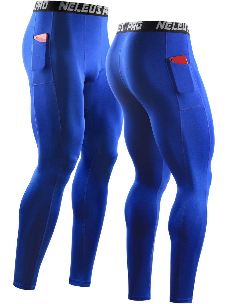 Neleus Men's Dry Fit Compression Baselayer Pants Running Tights Leggings with Phone Pocket Medium 6069 Blue/Navy,2 Pack - BeesActive Australia