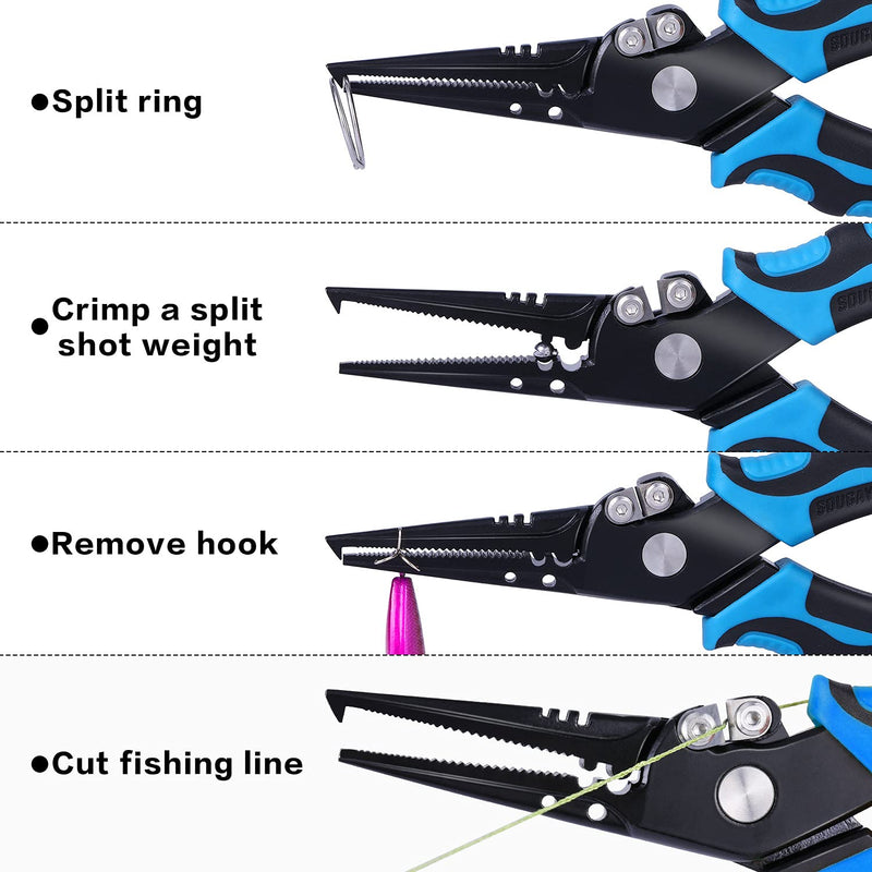 Sougayilang Fishing Pliers, 420 Stainless Steel Fishing Tools, Saltwater Resistant Fishing Gear with Rubber Handle, Sheath and Lanyard Tungsten Carbide Cutters 7'5'' Split Ring Nose-Blue - BeesActive Australia