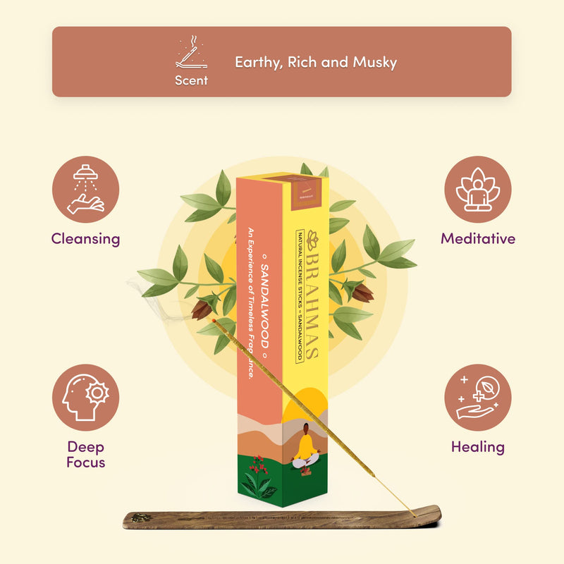 BRAHMAS Sandalwood Incense (100g) Sticks with Holder, Elevate Your Yoga and Meditation Practice with Handmade Sticks, Made with Natural Organic Ingredients & Essential Oils for a Gifting Sandalwood Incense Sticks - BeesActive Australia
