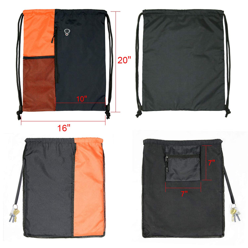 Drawstring Backpack Sports Gym Bag for Women Men Children Large Size with Zipper and Water Bottle Mesh Pockets Black/Oranage - BeesActive Australia
