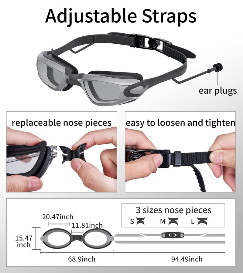 Swimming Goggles Swim Glass for Adult Men Women Swim Goggles with Earplugs & 3 Nose Pieces Silver - BeesActive Australia