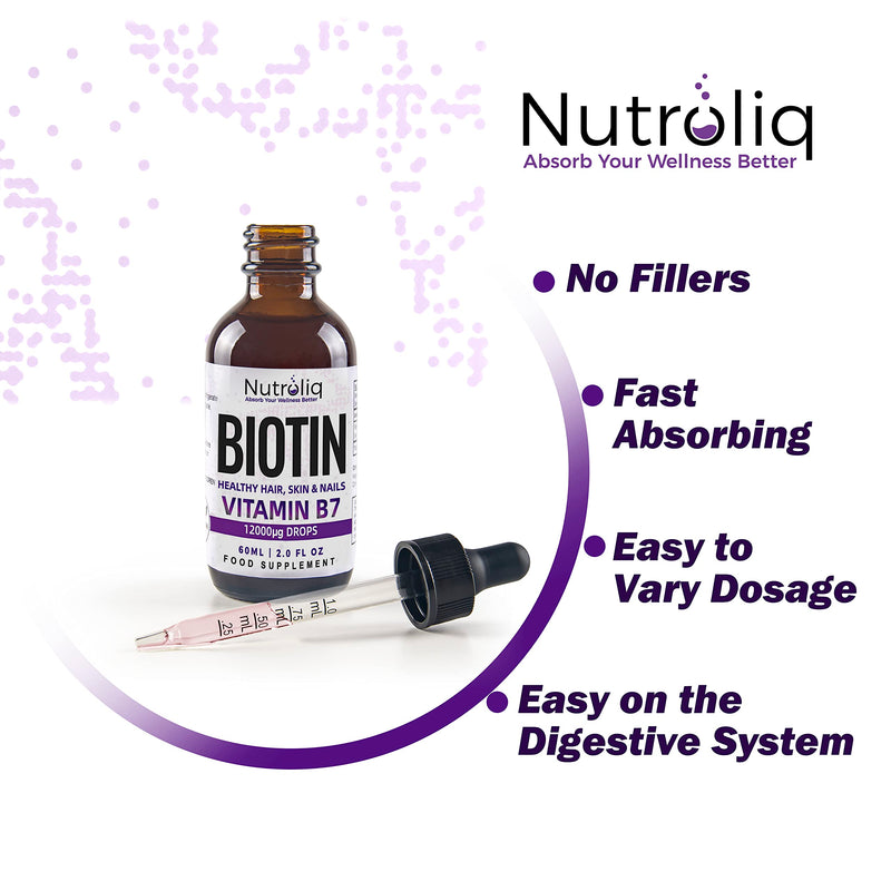 Nutroliq Biotin Liquid Drops - Vegan Vitamin B7 Dietary Supplement for Hair, Nail & Skin Health - Pure 12000mcg Biotin Drops for Hair Growth - Extra Strength Berry-Flavoured Vitamin H Serum - 60 ml - BeesActive Australia