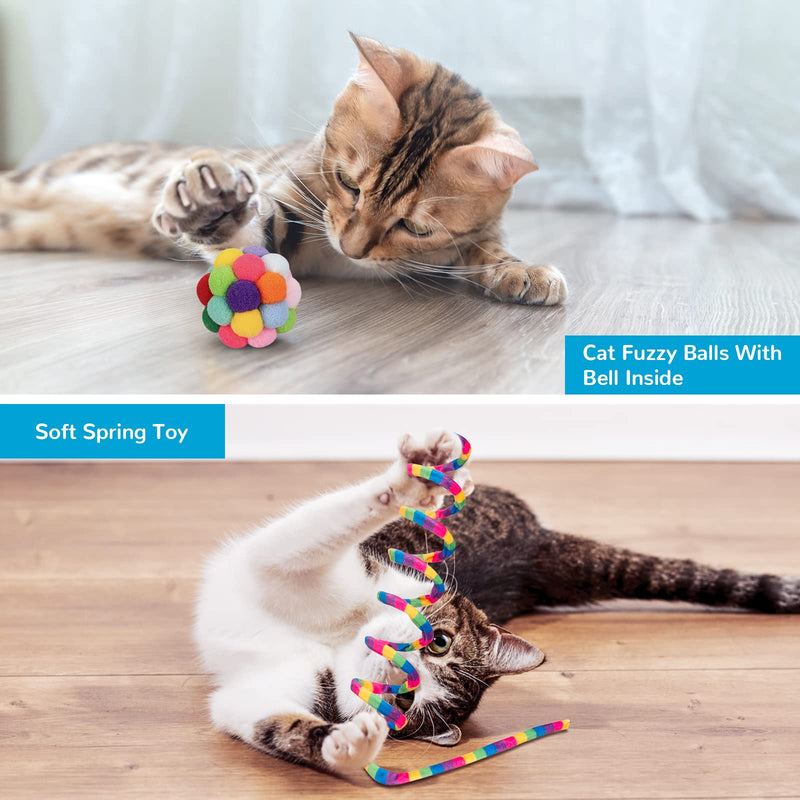 Cat Toys, Cat Wand Teaser Toys Cat Fuzzy Balls with Bell Inside and Cat Springs, Interactive Cat Toys for Indoor Cats Kittens Kitty, 3 Pack Rainbow-Red - BeesActive Australia